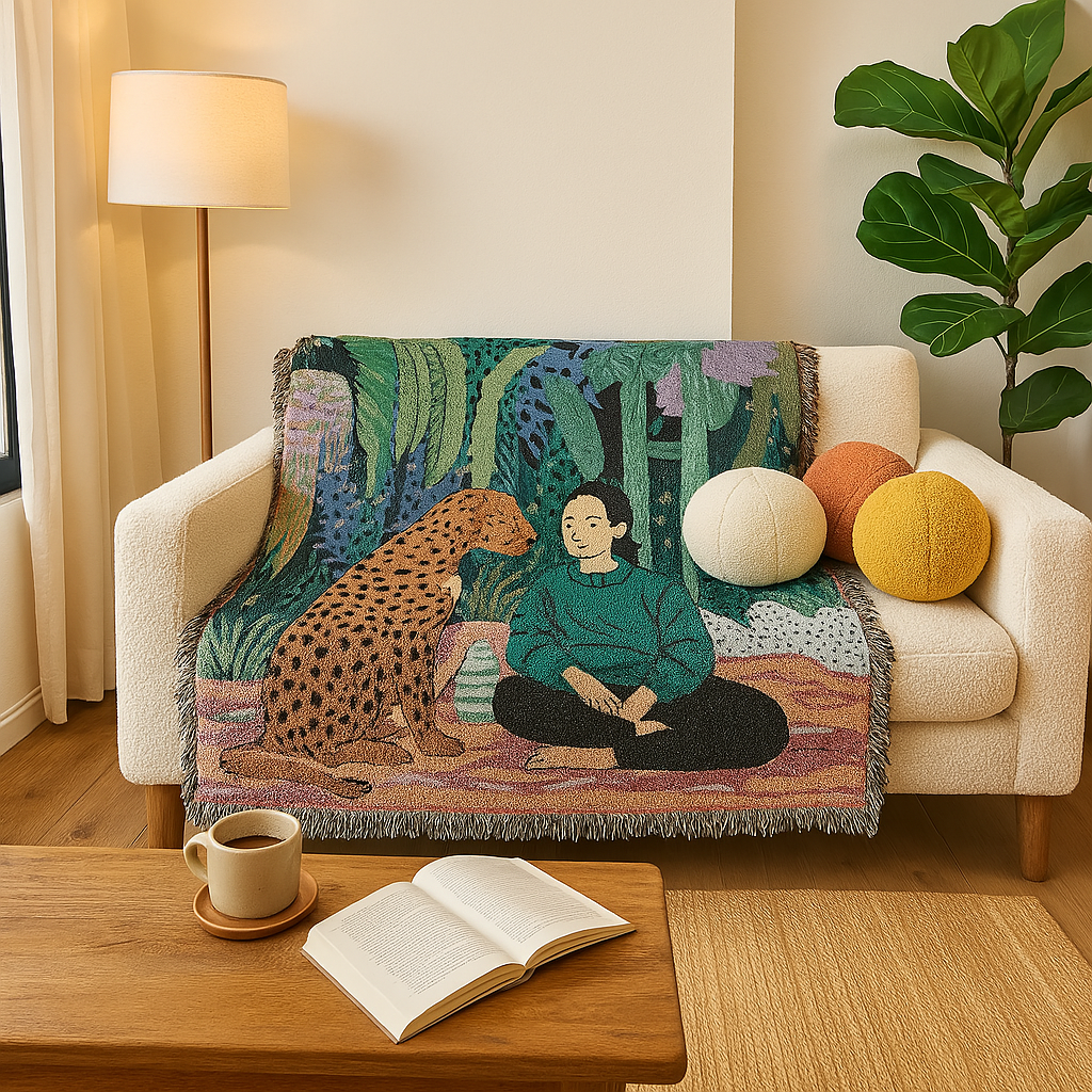 Plaid decorativo da divano con frange – Fantasia leopardata verde - Interno Bello