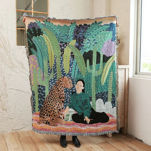 Plaid decorativo da divano con frange – Fantasia leopardata verde - Interno Bello